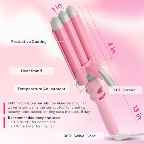 Image of Alure Three Barrel Curling Iron Wand Hair Waver with LCD Temperature Display - 1 Inch Ceramic Tourmaline Triple Barrels, Dual Voltage Crimp (White /Pink)