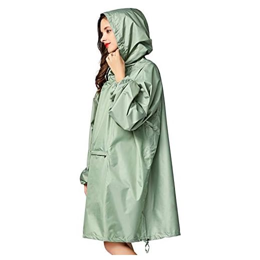NGHSDO Regnkappa dam snygg vattentät regnponcho kappa regnrock med huvärmar och stor ficka på framsidan. Poncho vattentät (färg: Grön, storlek: En storlek)