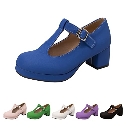 Generiska platåpumps dam blockklack – remsandaler med spänne cosplay höga klackar T-rem Mary Jane-skor rund spets klädskor eleganta högklackade skor slip-on klackskor, ROSA, 40 EU