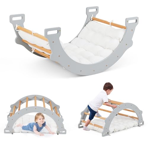 COSTWAY Kletterbogen mit weichem Kissen, Kletterdreieck zum Wippen, Klettern und Krabbeln, Indoor Klettergerüst aus Holz, für Kinder ab 3 Jahre (Grau)