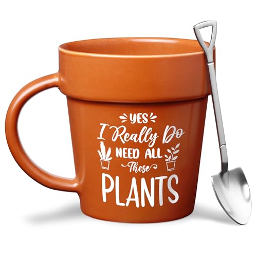 Plant Pot Mug - Plant Lover Mug with Metallic Shovel Ornament - Fancy Plant Lover Gifts for Women, Men - Birthday Gift for Women - Cute Gifts for Mother's Day, Christmas - Plant Gifts for Friends
