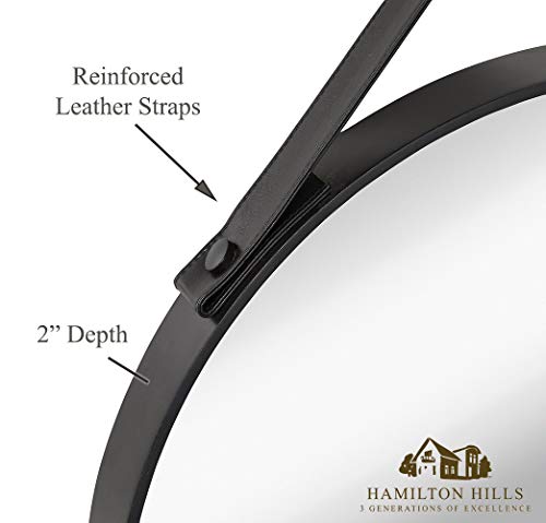 Hamilton Hills Hanging Black Leather Strap Metal Circular Wall Mirror With Chrome Accents| Glass Panel Rounded Circle Design Vanity Mirror (24" Round) #TOP2