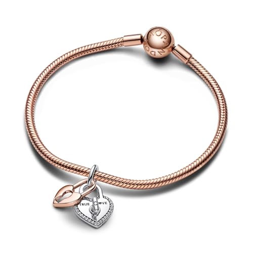 PANDORA Moments Two-Tone Twistable Heart Padlock Double Dangle Charm - Sterling Silver and 14K Rose Gold-Plated Charm with Cubic Zirconia - Jewelry for Women - Includes Gift Box4