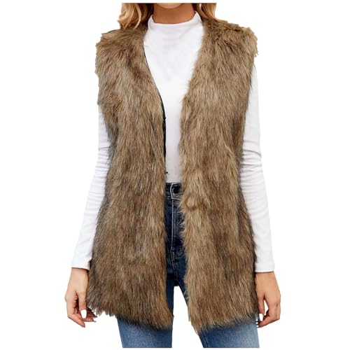 Womens Faux Fur Coats Sleeveless Cardigan Coat Warm Furry Long Jacket Elegant Fluffy Open Front Outerwear