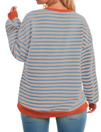 Image of ROSRISS Womens-Plus-Size-Oversized-Sweatshirts Striped Colorblock Long Sleeve Shirts Casual Crewneck Pullover Sweaters XL-5XL