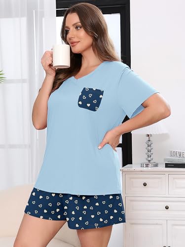 AusLook Plus Size Pajama Set for Women 2 Piece V Neck Short Sleeve Loungewear 1X Set with Pajama Printed Shorts Summer Sleepwear Loose Fit 1X-5X — view 3