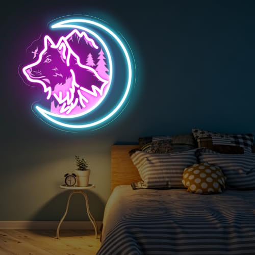Image of Wolf And Moon Neon Sign Wolf Lovers GIft Wild Animal LED Light | Ainmal Lover Room Decor USB Powered Dimmable Home Wall Decoration 13 inchx13 inch