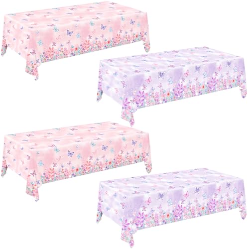 LINHAXM 4 Pack Butterfly Tablecloths, Butterfly Birthday Decorations for Kids' & Girls' Birthdays, Disposable Table Covers, 54 x 108 Inche