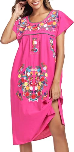 Image of YZXDORWJ Women Mexican Embroidered Long Dress Ruffle Collar Maxi Boho Floral Summer Short Sleeve