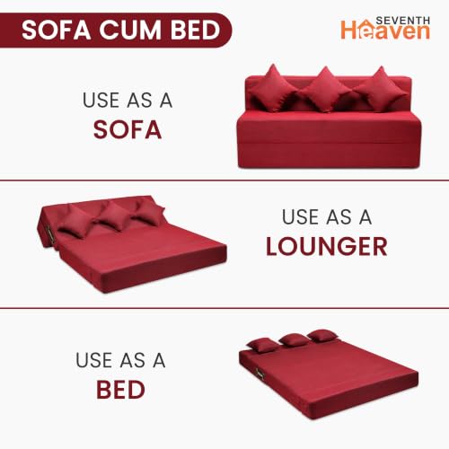 Image of Seventh Heaven 4 Seater 6 * 6 Jute Fabric Washable Cover Sofa Cum Bed 4 Seater Double Foam Fold Out Sofa Cum Bed (Finish Color - Maroon Delivery Condition - Pre-Assembled)