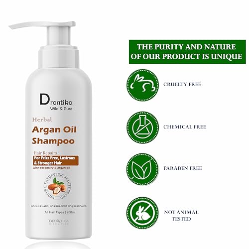 Image of Drontika Wild & Pure Argan Ayurvedic Shampoo - 100% Herbal Formula for Smooth, Nourished & Frizz-Free Hair - Sulfate-Free, Paraben-Free - 400ml