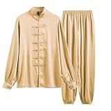Satin Fabric Tai Chi Clothing Set Cool Breathable Martial Arts Clothing Practice Clothes(Gold,L)