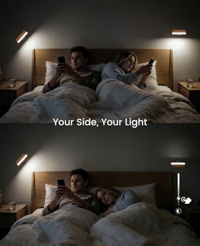 Image of Wood Battery Operated Wall Sconces Set of Two, Magnetic Mini Wall Lights with 360 Rotation and Adjustable Brightness, Stick-On Mount for Bedside, Hallway, Living Room (2Pack Beech Wood)
