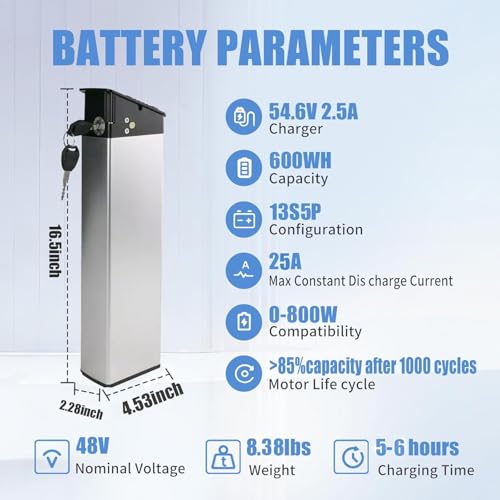 Image of eBike Battery 48V 13Ah Lithium Ion Electric Bike Battery Pack with 30A BMS for 250W-1000W Motors, Replacement for SAMEBIKE ENGWE Engine X and More, 54.6V 2A Charger Included, 800+ Cycles