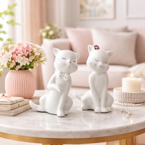 Image of Xtore Charming Ceramic Cat Couple Figurines for Home Decor | Minimalist Cute Showpieces for Living Room, Bedroom, Shelf & Gifting (White, 14 cm, Set of 2)