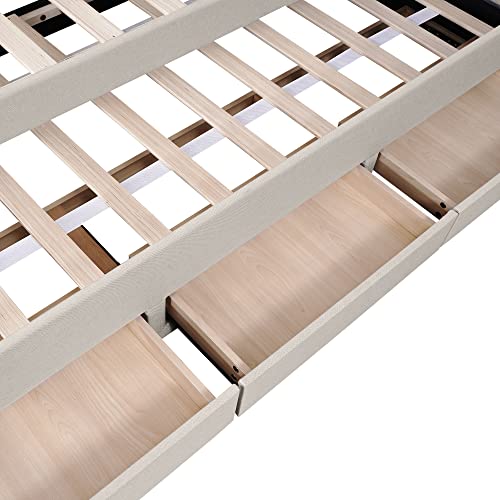 Kehun Polsterbett Doppelbett 140x200 mit Ausziehbarem Bett für 3 Personen, Familienbett mit 3 Stauraum Schublade und Lattenrost aus Holz, Verstellbares Kopfteil, Leinen, Beige, ohne Matratze – Bild 7