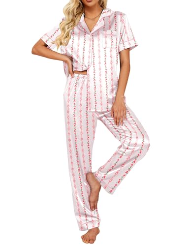 Image of Ekouaer 2 Piece Satin Short Sleeve Pajamas Set Button Down Sleepwear | Soft Pjs Set Classic Loungewear for Wedding, Party, Home, Daily Wear, Date Nights