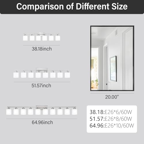 Image of Brushed Nickel Bathrooms Lights for Huge Mirror, 8 Light Anti-Rust Finish with Milky White Frosted Glass Shades, 51 Inch Above Mirror Lights for Bathroom, E26