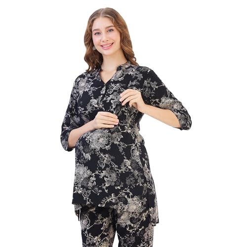 Image of AV2 Women Cotton Maternity|Nursing|Feeding Printed Tunic & Bottom Coord Set Black Small 2426