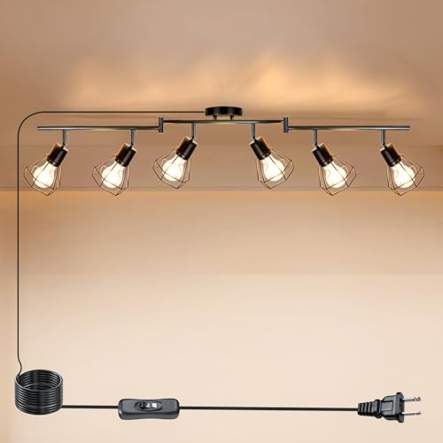 HiBay Plug in Track Lighting, 6-Light Rotatable Ceiling Light Fixture Black, Industrial Plug-in Track Lights with 16.4Ft Power Cord and in-Line On/Off Rocker Switch for Kitchen Living Room O