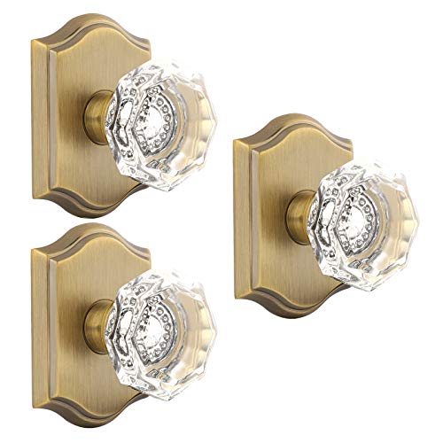 Gobrico 3 Pack Octagonal Crystal Dummy Knobs,One Side Dummy Handles Half Dummy Door Levers for Right/Left Handed Doors,Antique Brass