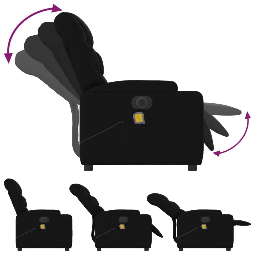 Massagesessel Elektrisch Schwarz Stoff Relaxsessel mit Liegefunktion, 6-Punkt Vibrationsmassage, Getränkehalter, Seitentasche, Stabiler Holz-Metall-Rahmen, Komfort für Wohnzimmer und Büro