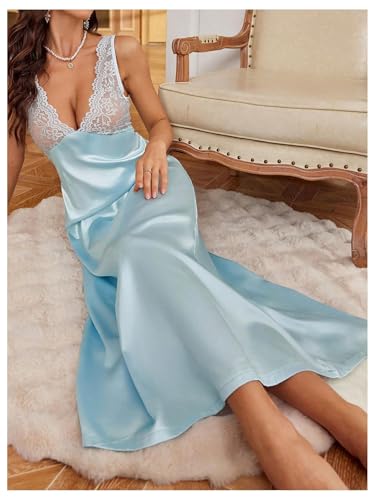 Image of WDIRARA Women's Satin Sleepwear Nightgown | Lace, Backless, Deep V Neck, Sleeveless, Long