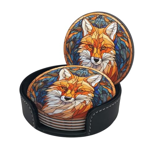 Fox - Juego de 6 posavasos de cuero con soporte, 6 posavasos para tazas, bares, bebidas para mesa, bebidas, café, regalo de inauguración de la casa (zorro)