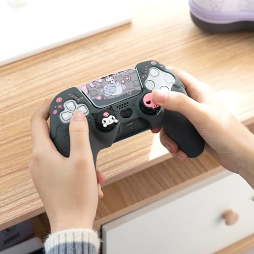 Image of Kuitmor Silicone PS5 Controller Cover Skin Set, Anti-Slip Soft Protective Case for PS5 Wireless Controller with 2 Thumb Grip Caps and 1 Sticker (Black Kuromi)