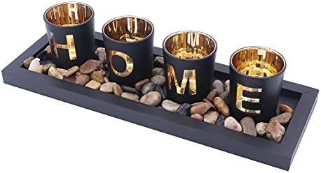 Candle Holder Set, Includes 4 Glass Cups, Natural Stones and Wooden Tray for Table Home Decorations (Home)