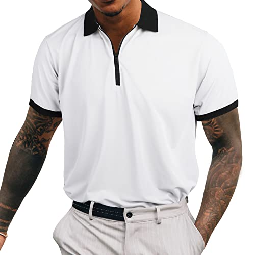 Suwangi Men's Zipper Polo Shirt Quick Dry Short Sleeve Golf Shirts Performance Moisture Wicking Casual Tactical Shirt For Men White #TOP7