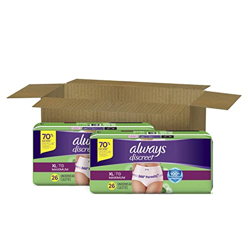 Always Discreet, Incontinence & Postpartum Underwear For Women, Size X-Large, Maximum Absorbency, Disposable, 26 X 2 Packs , 52 Count (Pack of 1)