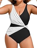 Wiepux Women's One-Piece Swimsuits Padded High Cut Plus Size Bathing Suit Ladies Swimming Costume,Striped Black,3XL