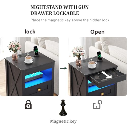 Image of FREDEES Gun Night Stand with LED Lights & Charging Station, Black | Human Sensor Lights, USB /Type-C /Wireless Charging Station, Smart Farmhouse Bedside Table