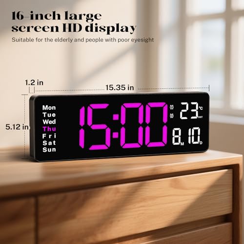 Image of Digital Wall Clocks,16 inch Large Display LED Digital Clock with Remote Control,LED Wall Clock with 8 RGB Color Night Light,Alarm,Date,Week,Temp,DST for Living Room & Office
