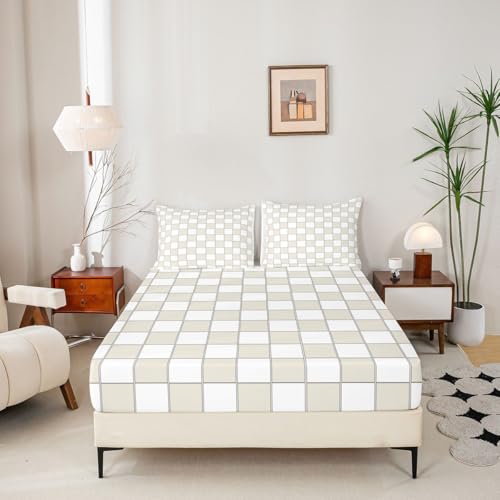 Image of Erosebridal Plaid Bed Sheets Full Beige White Checkerboard Sheet Set Geometric Checkered Bedding Set for Kids Boys Girls,Aesthetic Grids Fitted Flat Sheets 4 Piece