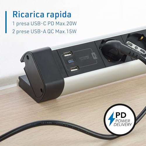 Multipresa Scrivania 2Prese Universali+3 USB(2A+1C) Pd 20W 2M Nera - 3