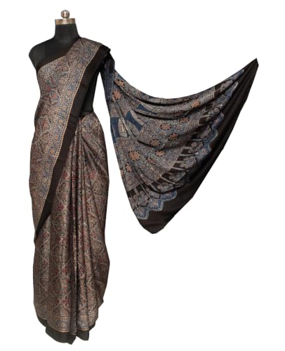 Image of Ethnics of Kutch Womenss Ajrakh Modal Silk Natural Dye Hand Block Print Saree with Blouse Piece - 5.5 Mtr Length