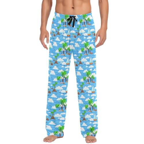 Men’s Tropical Coconut Tree Pajama Pants with Pockets, Comfortable Lounge Sleep Bottoms#158