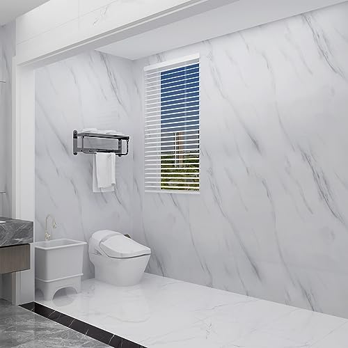 JSEVEM 80CM×4M Extra Wide Thick White Grey Marble Wallpaper Peel and Stick Waterproof White Gray Marble Contact Paper for Worktop Vinyl Glossy Granite Wall Sticker for Bedroom Bathroom Living Room - Image 3