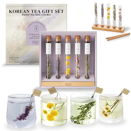 Image of KKOKDAM Premium Flower Tea Stick Sampler with Wooden Tray - 5 Handcrafted Blooming Herbal Tea Variety Pack in Glass Tubes, Women & Mom Gift Box