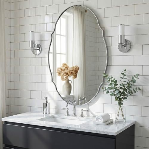 Image of ANDY STAR 24x36 Polished Chrome Scalloped Oval Bathroom Vanity Mirror