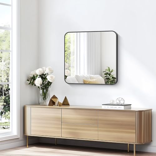 Image of KOCUUY Bathroom Mirror 30 inchx30 inch, Black Square Mirrors for Over Sink, Modern Vanity Mirror with Rounded Corner Metal Frame, Shatterproof Designed Wall Mirror for Bedroom, Living Room, Entryway