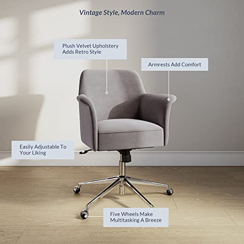 Belleze Modern Home Office Chair, 360 Degree Swivel Desk Chair Velvet Office Chair With Metal Base, Rolling Chair Adjustable Chair With Arms And Wheels For Bedroom, Study, Vanity - Peyton (Gray) #TOP6