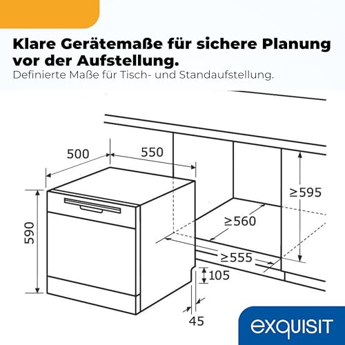 Exquisit Tischgeschirrspüler | 8 Maßgedecke, Energieklasse D, 49 dB Geräusch | 7 Programme, Extra-Trocknung, Selbstreinigung, Startzeitverzögerung, Door Open, Innenbeleuchtung | GSP5508-030D schwarz