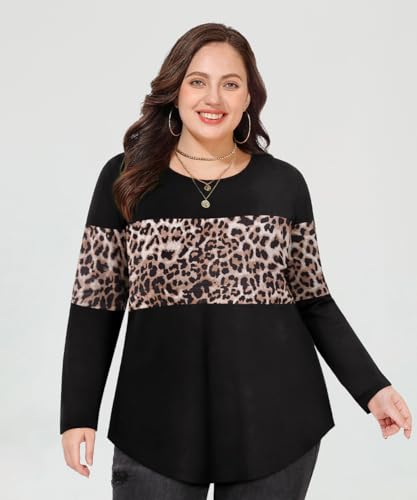 Image of CARCOS Plus Size Tops for Women Color Block Flower /Striped /Camo Crew Neck Long Sleeve Tee Shirt