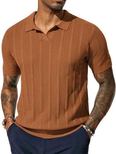 PJ PAUL JONES Men's Textured Knit Golf Polo Shirt - Casual Brown