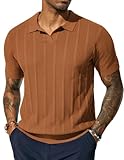 PJ PAUL JONES Mens Polo Shirts Casual Textured Knit Polo Shirts Collared V Neck Shirts Coffee