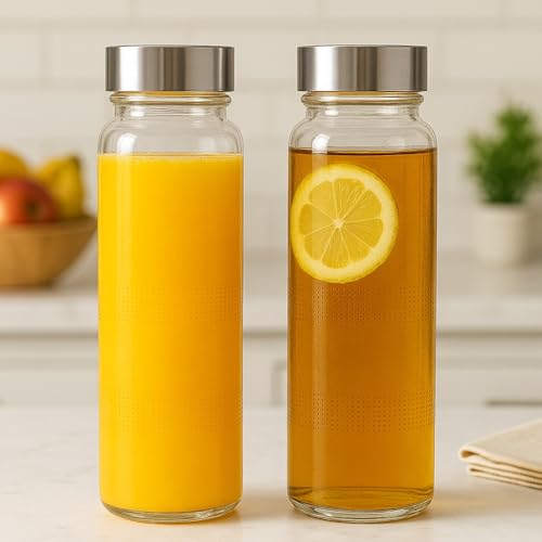 Image of 750ml Glass Water Bottles with Silver Lids (Pack of 2) - Modern Textured Design - Airtight Stainless Steel Cap - Premium Reusable Fridge Storage Containers for Juice, Milk, Smoothies & Water