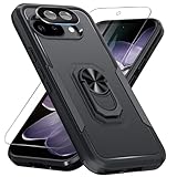 for Google Pixel 9a Case with Screen Protector+Camera Lens Protector,Heavy Duty Shockproof Full Body Protective Cover Built in Rotatable Metal Ring Holder Kickstand,2025 Black Matte